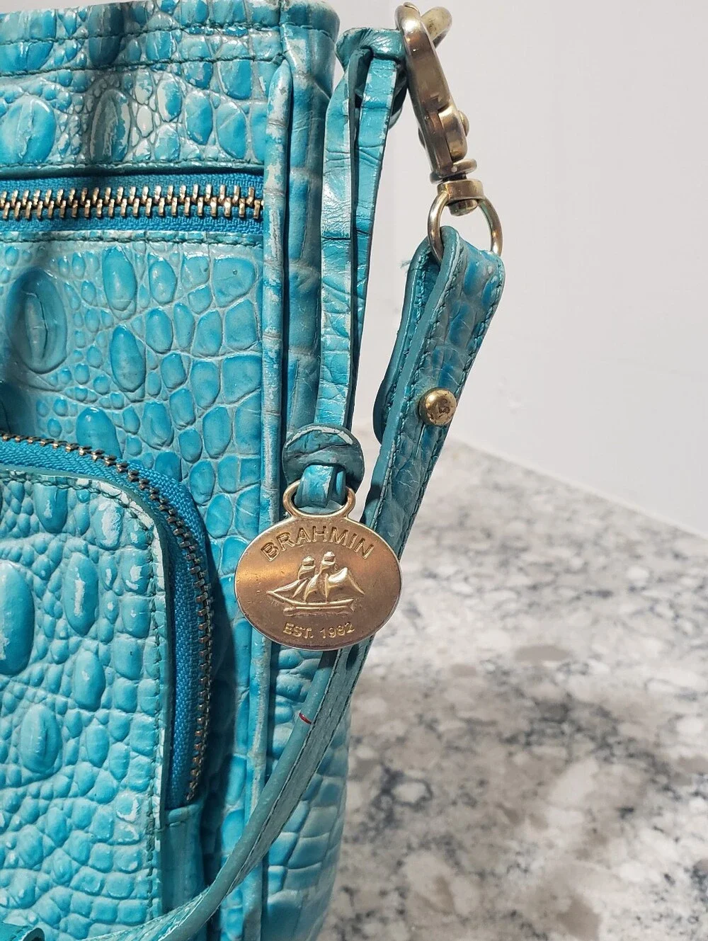 Brahmin Cleo Capri Turquoise Blue Leather Crossbody Bag